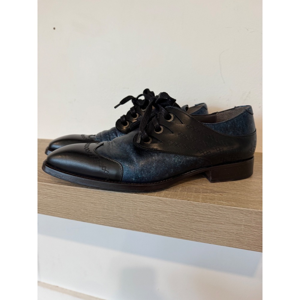 John Fluevog Rufus Magoo Cavalier Scalloped Eyelet Derby Shoes Blue Black Mens 9 - Picture 5 of 13